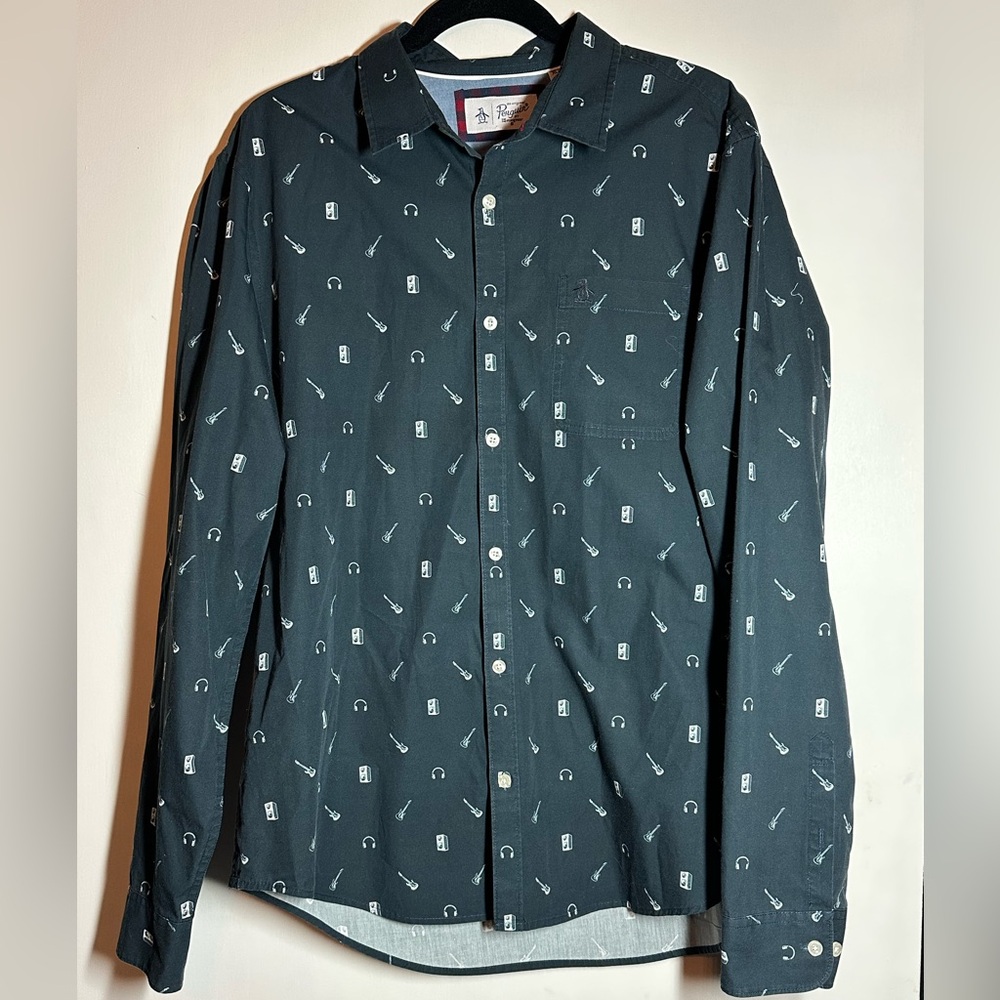 Original Penguin Mens Dark Blue Music/Guitar Long Sleeve Shirt,‎ Size XL